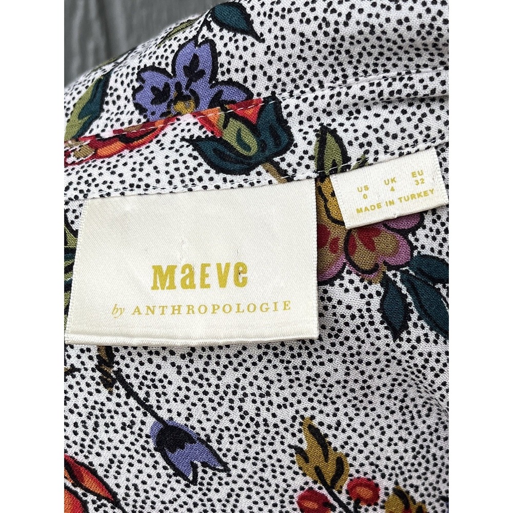 Maeve Anthropologie Janie Flounce Hem Button Up Polka Dot Floral Blouse Size 0 - Picture 9 of 11